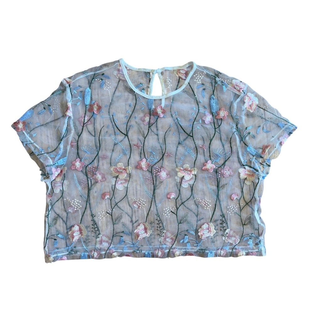 Floral Embroidered Sheer Mesh Crop Top Short Sleeve Keyhole Whimsy Fairy L‎ XL